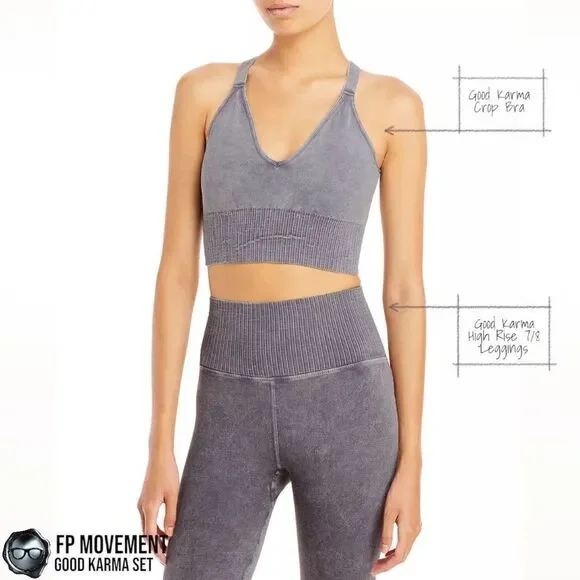 FP MOVEMENT GOOD KARMA SET: CROP TANK BRA + HIGH RISE LEGGINGS IN GREY PURPLE - Picture 6 of 16